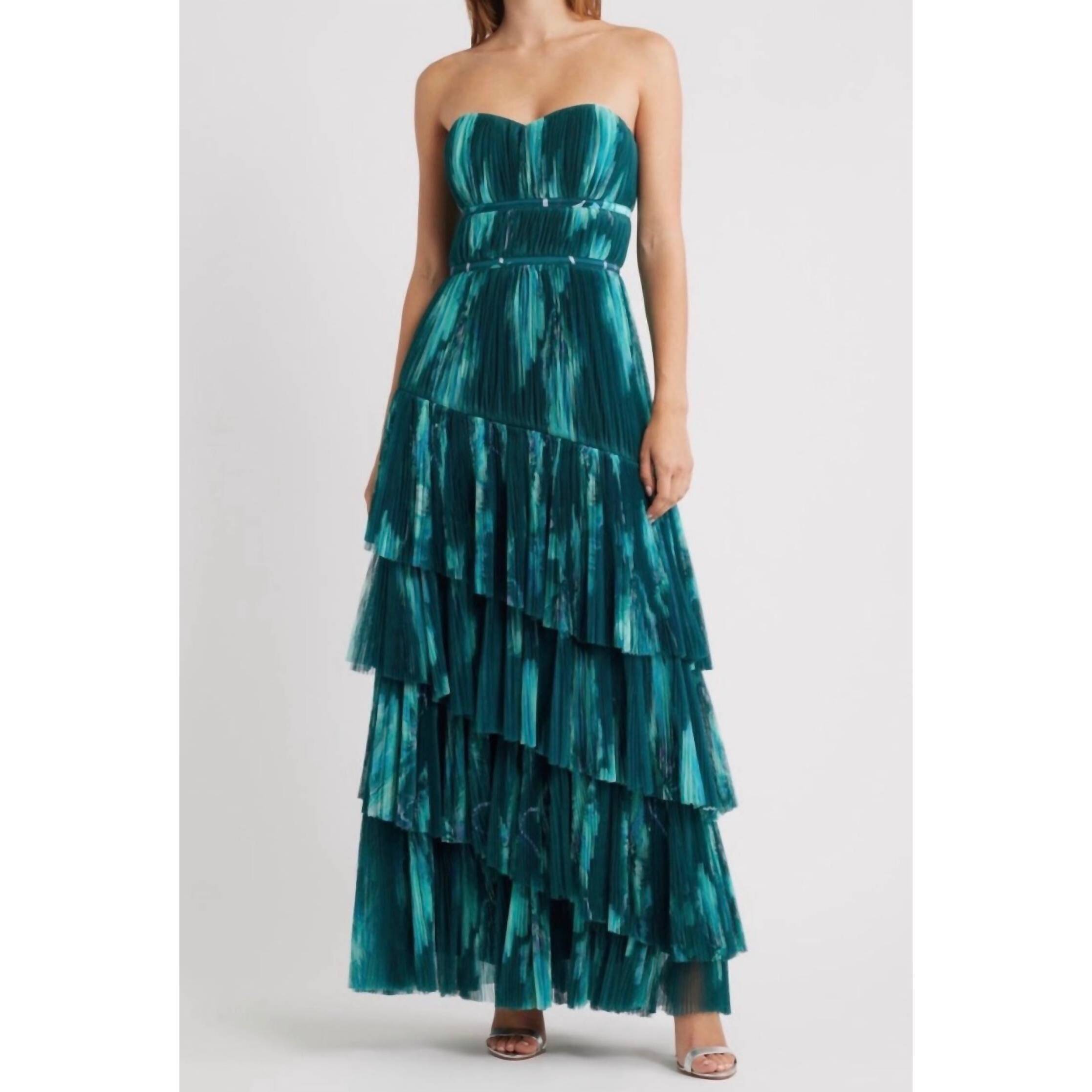 New Hutch Lanza Strapless Tiered Tulle Gown In Teal Bloom